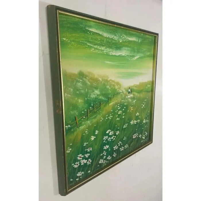 Daisies Green Field Landscape Oil on Panel Painting, Signed