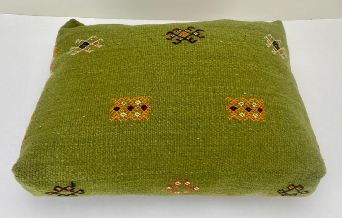 Boho Chic Green Moroccan Tribal Kilim Wool Hand-Woven Pillow, a Pair
