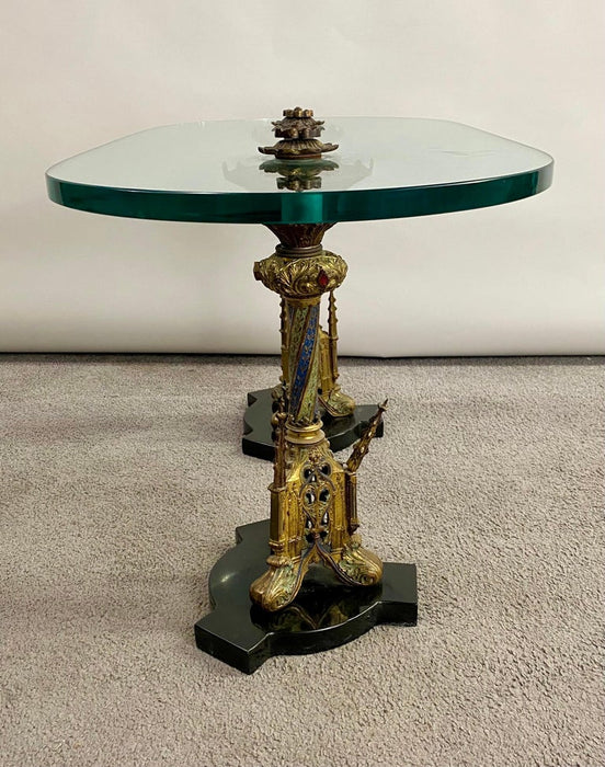 Italian Gothic Renaissance Style Brass Pedestals and Glass Top Coffee Table