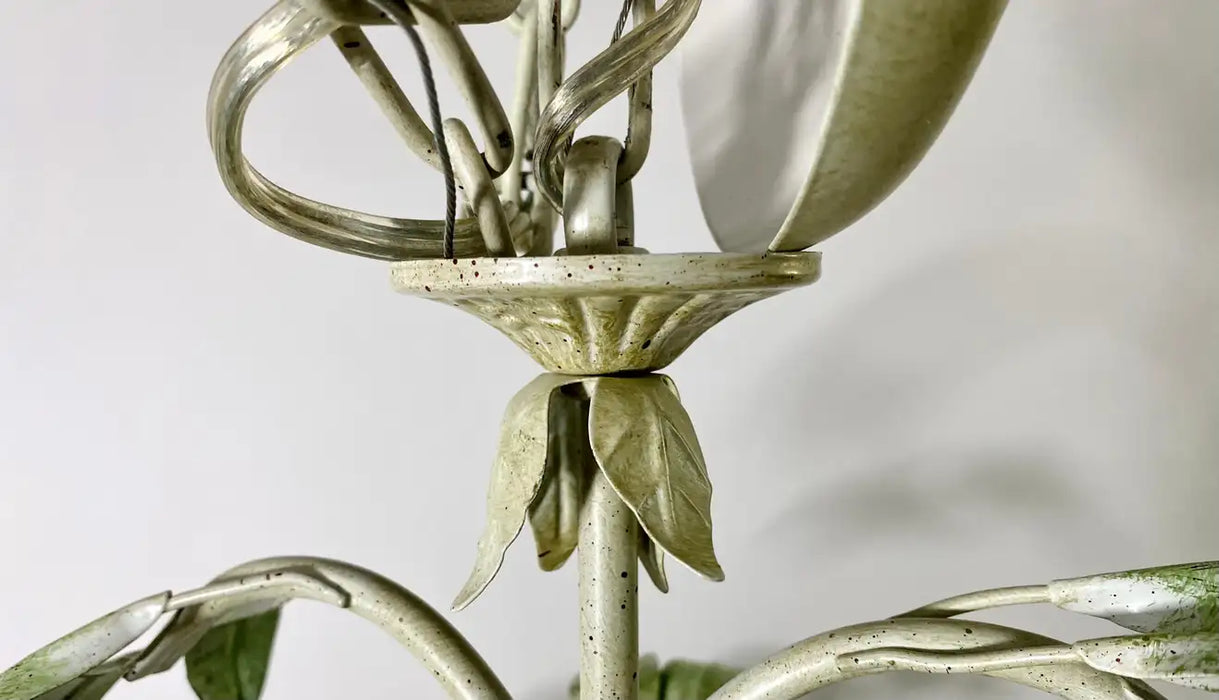 Italian Bohemian Tole Leaf Design Chandelier with Blown Glass Tulip Shades