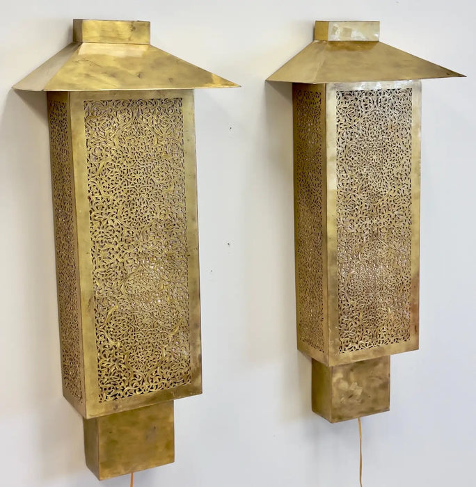 Art Deco Style Filigree Brass Wall Sconces or Lanterns, a Pair