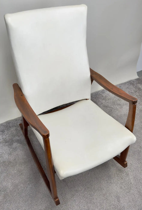 Milo Baughman Style MCM in White Faux Leather Rocking Chair