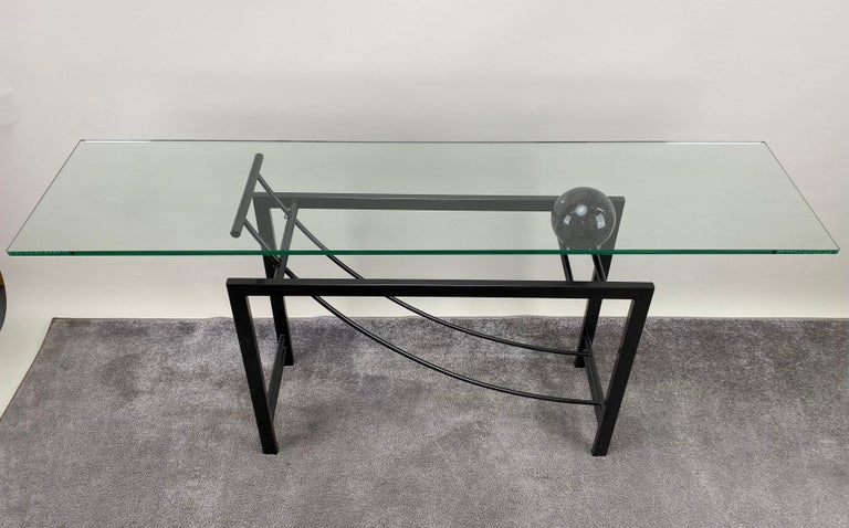Minimalist Sculptural Geometric Metal Base Console with Marble & Glass Top