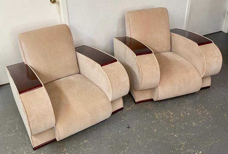 French Art Deco Living Room Set in Beige Suede & Rosewood Armrests, 3 Pieces
