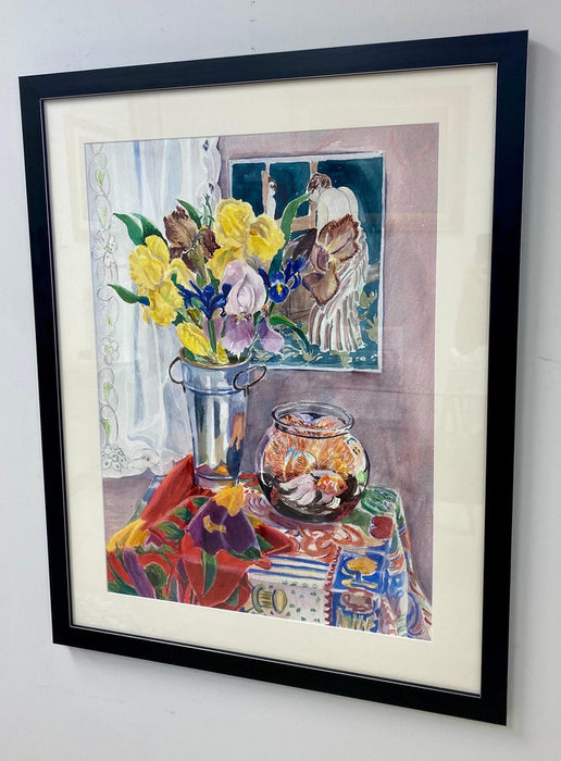 Still Life Watercolor of Irises, Mary Cassatt & Goldfish by Cathy Folk-Williams 1990's