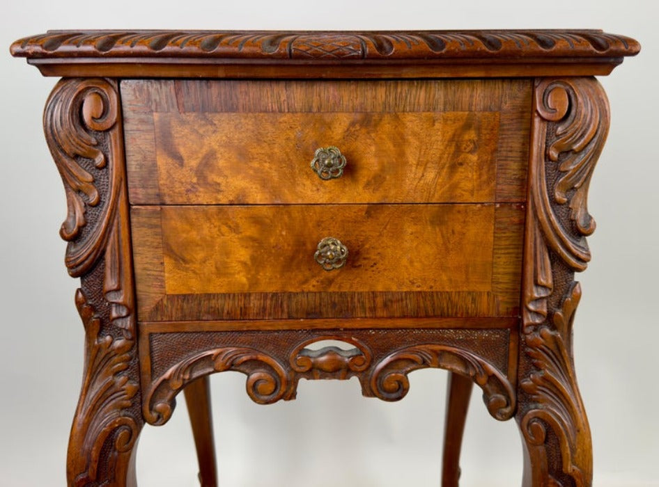 French Louis XV Style Carved Burl Walnut Side, end Table or Nightstand