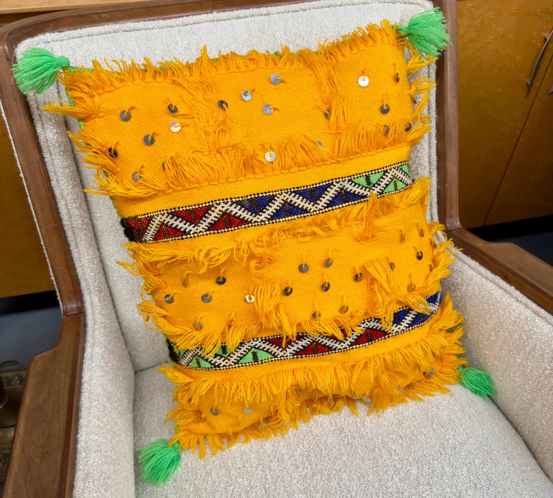 Boho Chic Handmade Wool & Sequin Yellow Pillow Case, a Pair