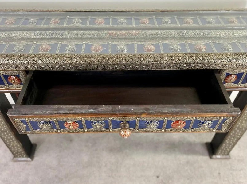 Hollywood Regency Style Blue & Silver Console with Filigree Design & One Drawer