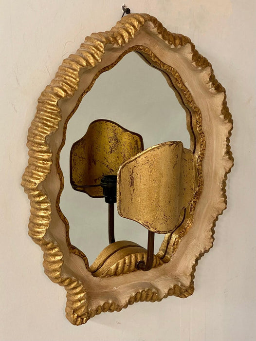 Art Deco Shield Shaped Mirrored Wall Sconce with Scalloped Frame, a Pair