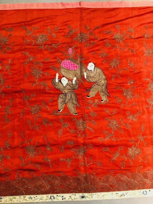 Antique Chinese Asian Red and Gold Silk Embroidery Textile or Tapestry