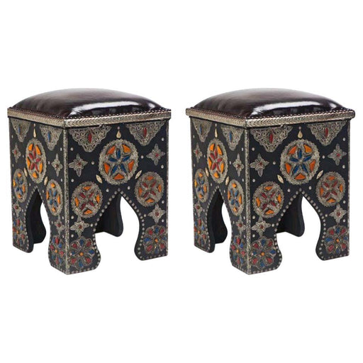 Hollywood Regency Style Moroccan Ottoman or Stool with Leather Top, a Pair