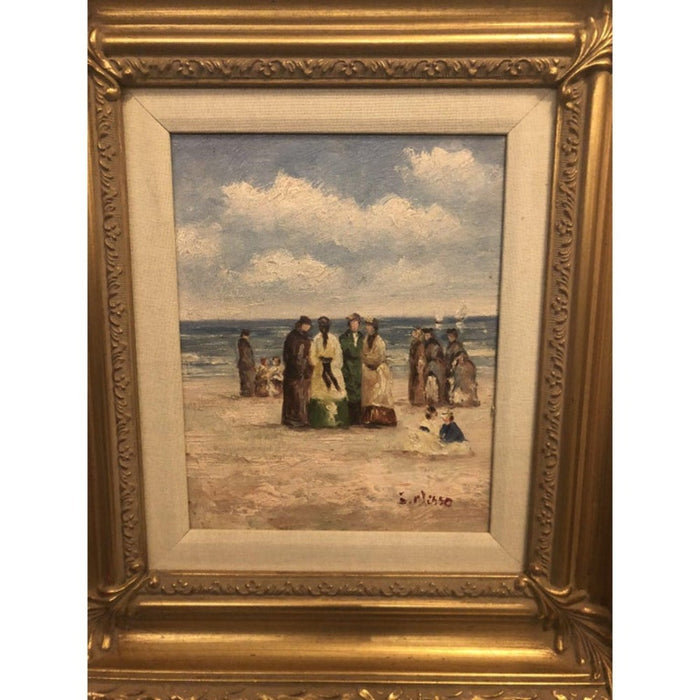 1980s Oil on Canvas Beach Scene Impressionistic Painting