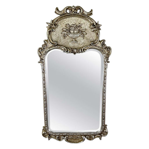 French Louis XVI Style Silver Trumeau Floral Design Wall or Mantel Mirror