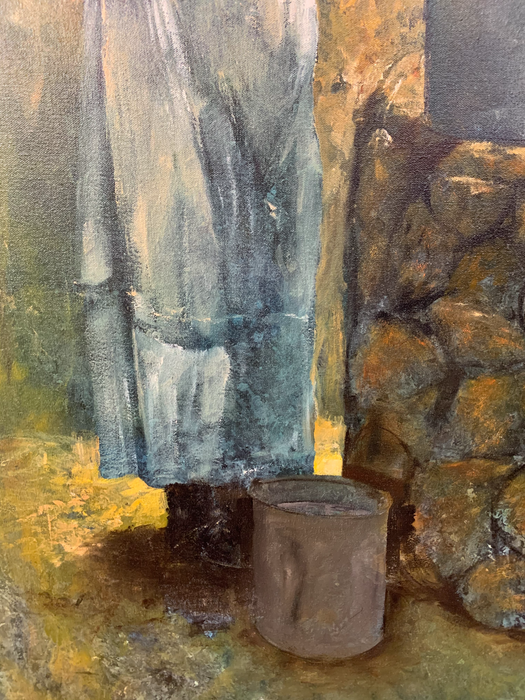 Large Oil on Canvas Figurative Painting of a Farmer Woman by a Well
