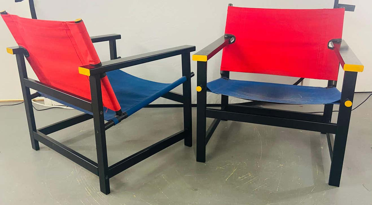 Mondrian Red and Blue Style Sling Chair, a Pair