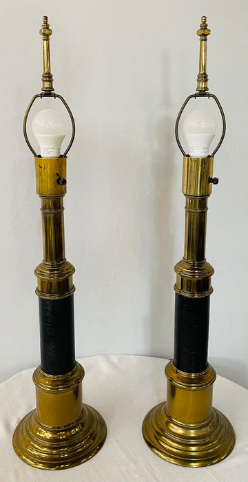 Midcentury Brass & Black Leather Table Lamp Attributed to Stiffel, a Pair