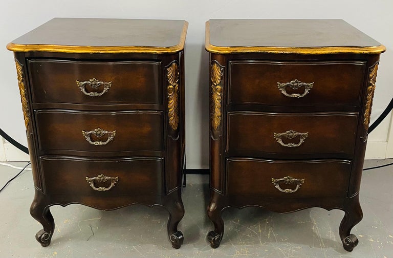 French Provincial 3 Drawer Mahogany Gilt Decorated Nightstand Table , a Pair
