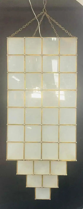 Art Deco Style Skyscraper White Milk Glass & Brass Chandelier or Pendant