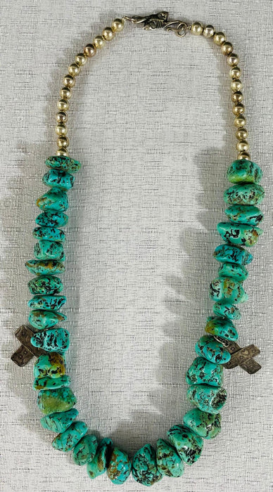 Navajo Turquoise and Pearls Necklace with Sterling Silver Cross Pendants