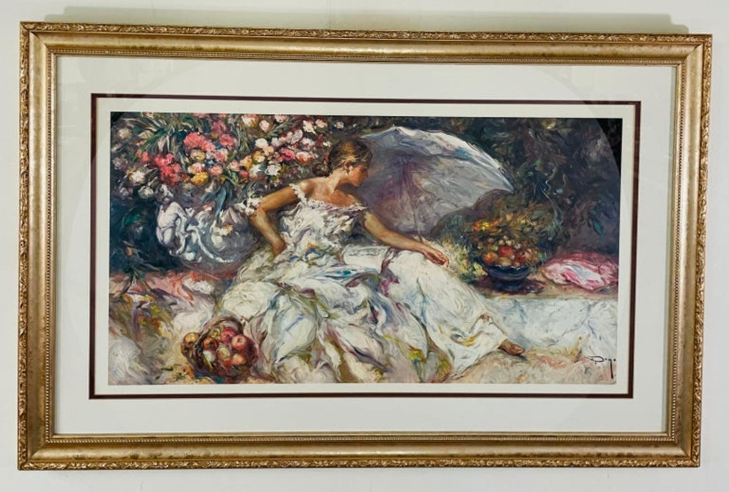 Vintage Portrait of a Woman in a Garden Print Signed Dayo