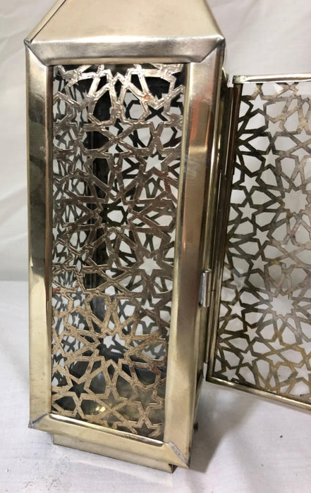 Moroccan Candle Lantern, Holder, White Brass in Arabesque Design, Set of Three