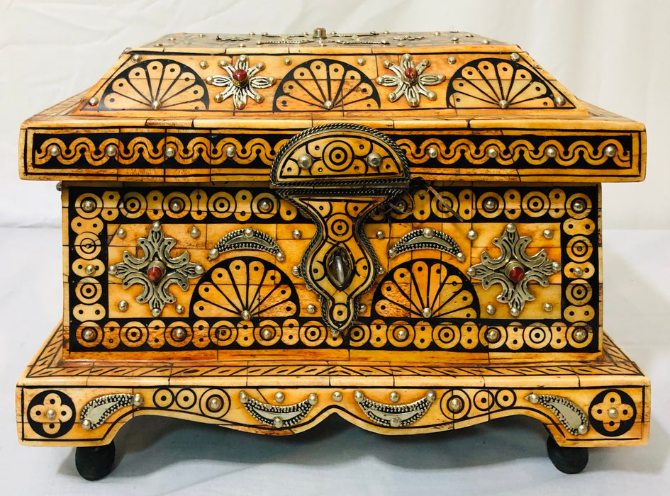 Vintage Moroccan Brass and Bone Inlaid Jewelry Chest