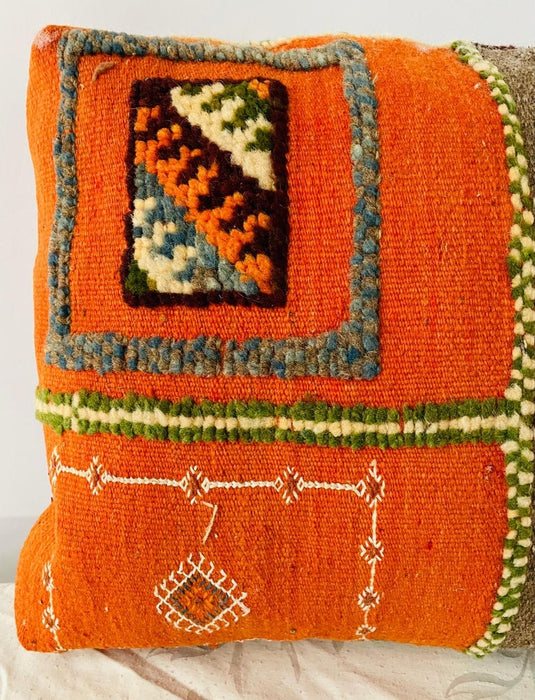 Tribal Wool Vintage Kilim Cushions in Orange and Gray, a Pair