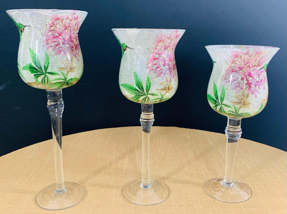 Set of Three Decorative Glasses with Hummingbird and Floral Motif