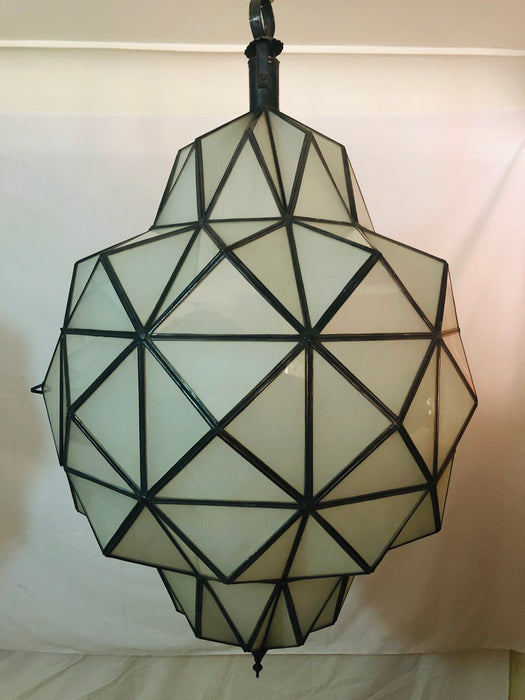 Large Art Deco while milk chandelier, pendant or lantern in dome shape, a pair