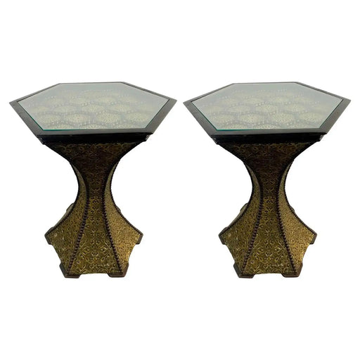 Hollywood Regency Brass and Black Ebony Filigree Motif Pedestal or End  Table, a Pair