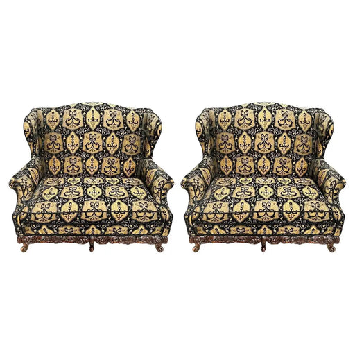 Italian Rococo Revival Style Settee or Sofa, Black and Beige Upholstery, a Pair