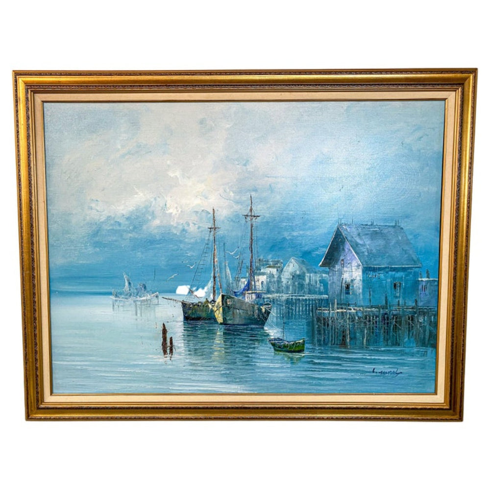 Large Marine Landscape Oil on Canvas Painting with Boats at a Dock, Signed