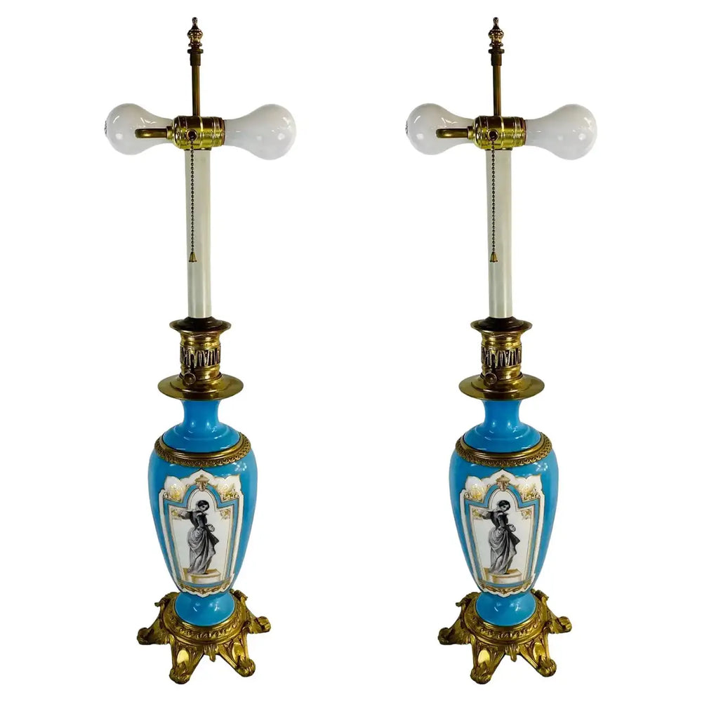 French Neoclassical Style Porcelain & Brass Converted Oil Lamp, a Pair