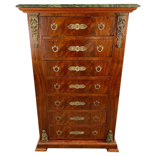 French Empire Style Flame Mahogany Bronze Mounted Marble Top Chest, Dresser