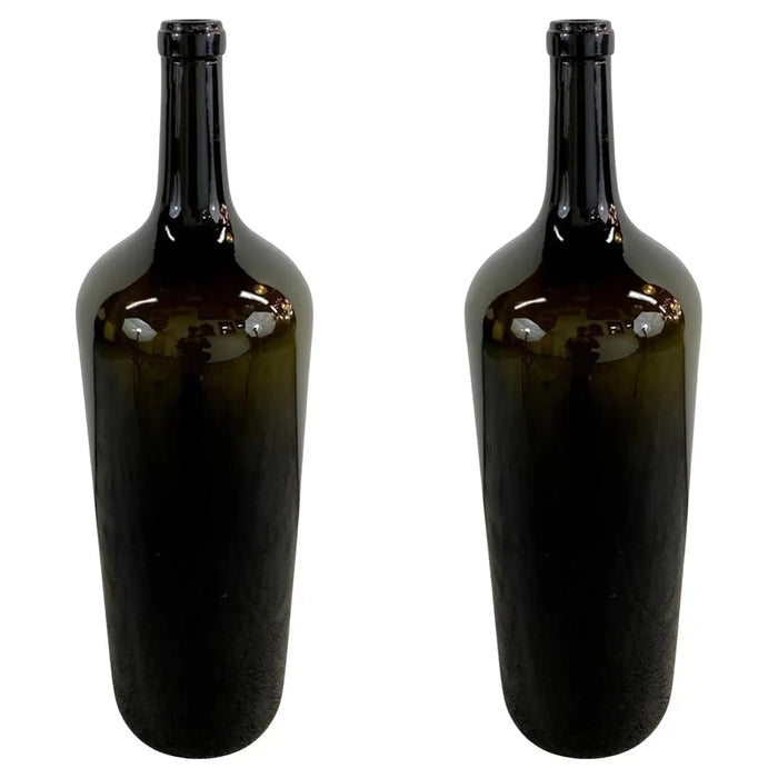Large Vintage Demijohn Style Dark Green Blown Glass Wine Bottle, a Pair