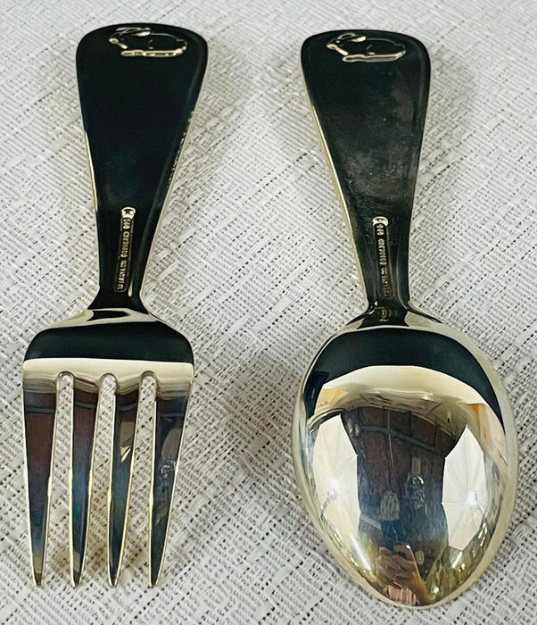 Tiffany & Co Sterling Silver Fork and Spoon Baby Set Pig, Sheep & Duck Design