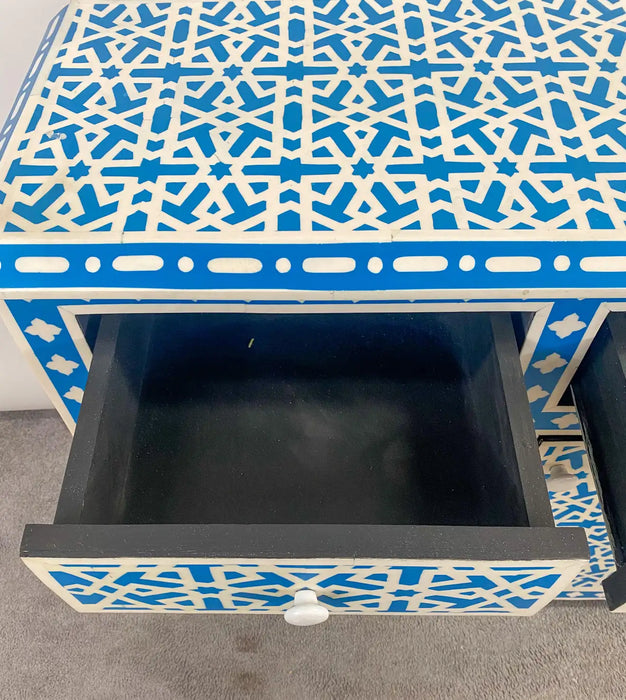 Boho Chic White & Blue Resin Geometrical Design Two Door Cabinet or Console