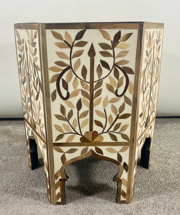 Moroccan Boho Chic Leaf Design Resin & Walnut Hexagonal Side or End Table, Pair