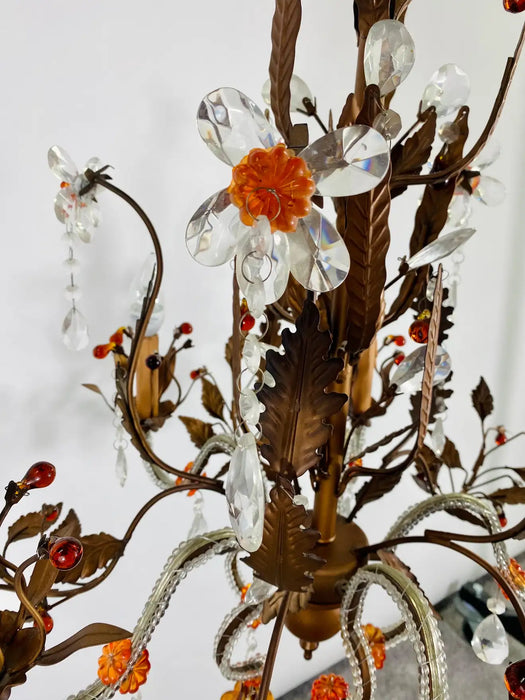Boho Chic Tole Metal Faux Crystal Leaves & Flowers Chandelier