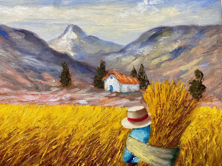 A Farmerette on a Wheat Field Landscape Painting, Framed and Signed