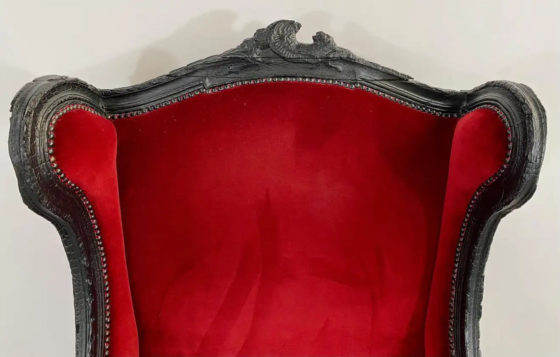 Marteen Baas Renaissance Revival Style Smoke Red Velvet Wingback Chair & Ottoman