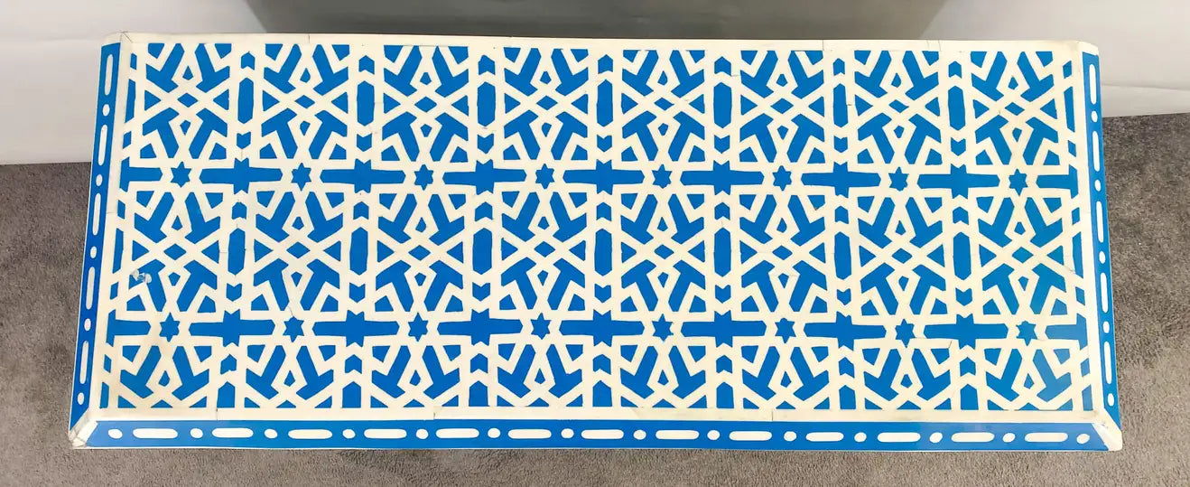 Boho Chic White & Blue Resin Geometrical Design Two Door Cabinet or Console