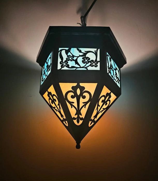 Art Deco Black Metal & Multi-Color Glass with Filigree Design Pendant or Lantern