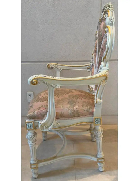 Italian Baroque Style Dining Chair in Antiqued White & Silk Upholstery, 14 pcs