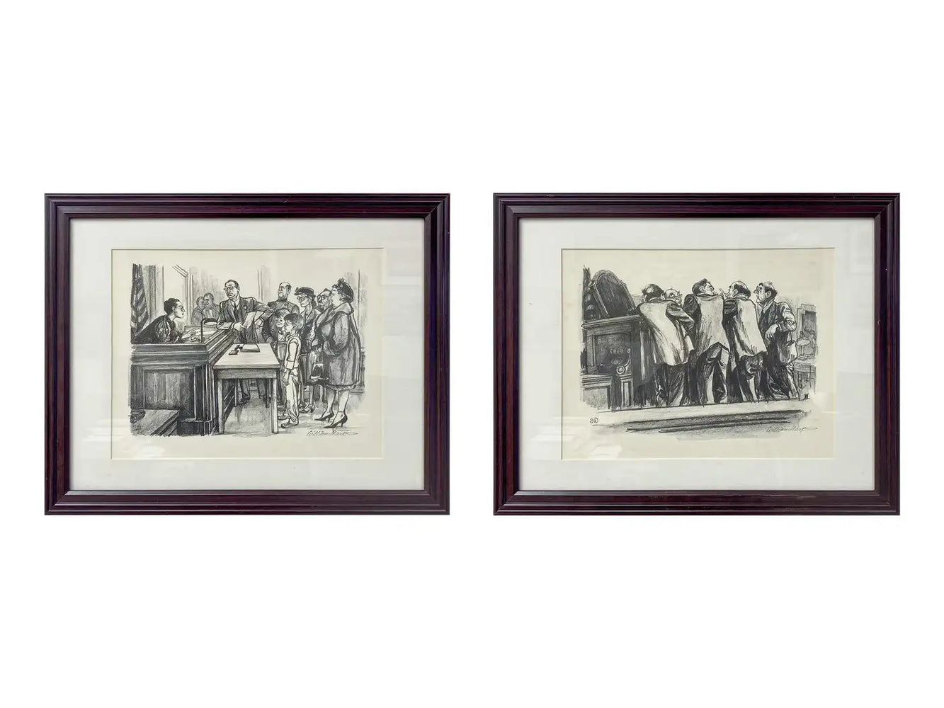William Sharp Court Room Scene Lithograph, Signed & Framed, a Pair