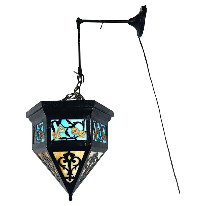 Art Deco Black Metal & Multi-Color Glass with Filigree Design Pendant or Lantern