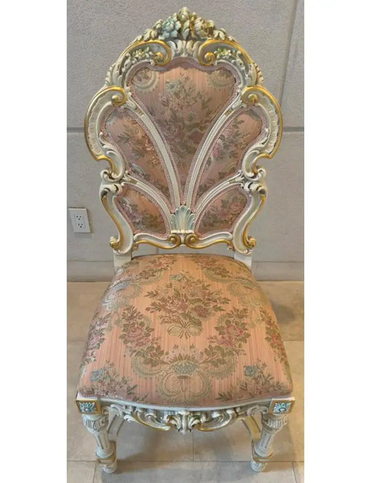 Italian Baroque Style Dining Chair in Antiqued White & Silk Upholstery, 14 pcs