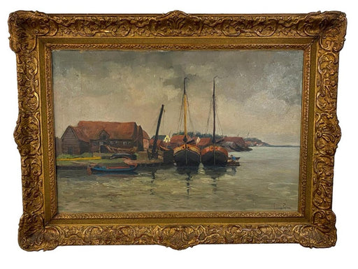 Impressionistic Oil on Canvas Painting of Boats Docking at a Dutch Town, Signed 1900's