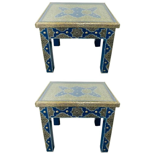 Boho Chic Style Moroccan Blue & Silver Rectangular Side or End Table, Pair