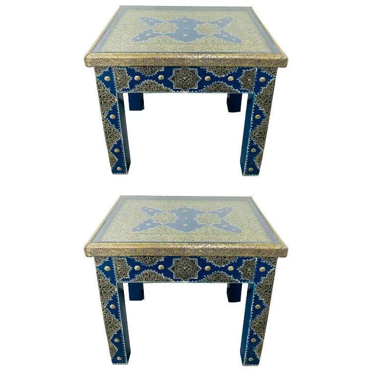 Boho Chic Style Moroccan Blue & Silver Rectangular Side or End Table, Pair